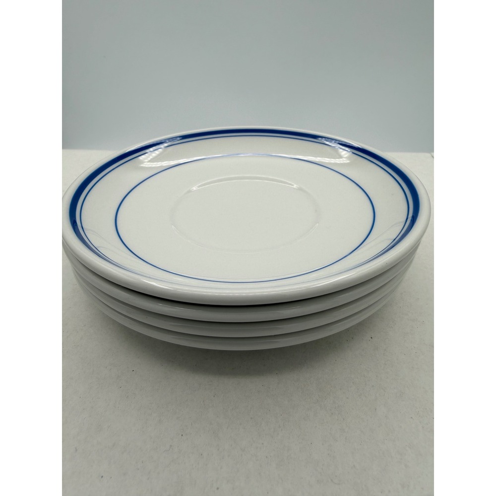 Vintage Wood & Sons England Blue Stripe Saucer Set of 4 Vitrified Ware 1991 5.5"